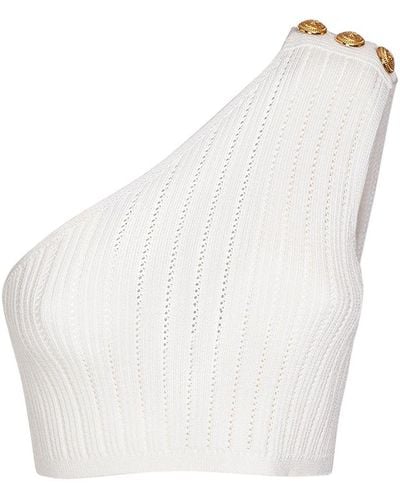 Balmain Asymmetric Ribbed Knit Crop Top - White