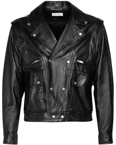 Saint Laurent Chaqueta de piel con mangas removibles - Negro