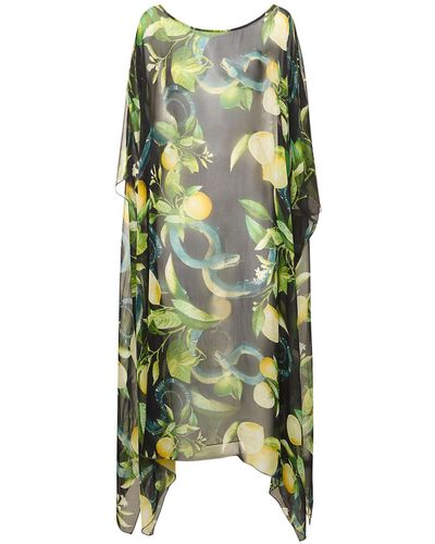 Roberto Cavalli Printed Silk Chiffon Caftan Dress - Green