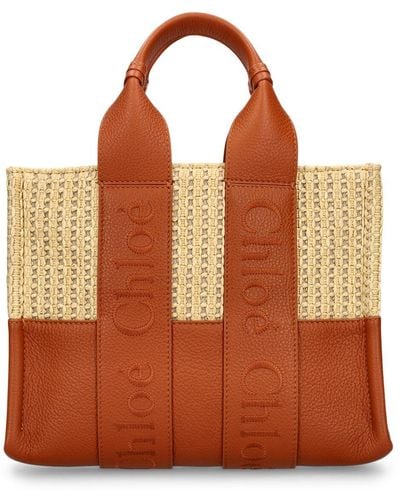 Chloé Bolso woody de piel de grano y rafia - Marrón