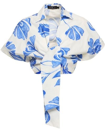 PATBO Nightflower Self-tie Cropped Cotton Top - Blue