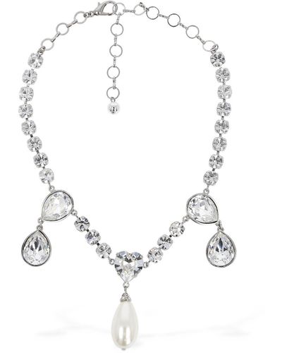 Alessandra Rich Necklace W/ Crystal & Faux Pearl Drops - White
