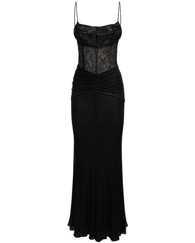Alessandra Rich Laminated Jersey Long Dress W/ Lace - Black