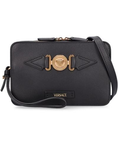 Versace Leather Shoulder Bag With Logo - Black