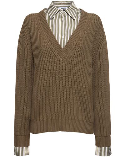 MSGM Cotton V-Neck Sweater - Brown