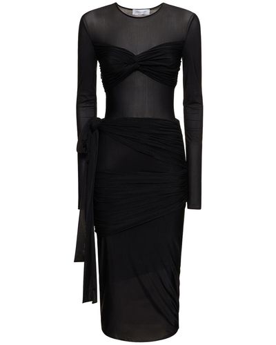 Blumarine Draped Stretch Tech Midi Dress W/Bow - Black
