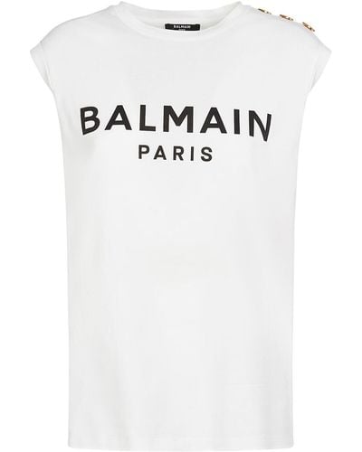 Balmain Logo Print Cotton T-Shirt W/Buttons - White