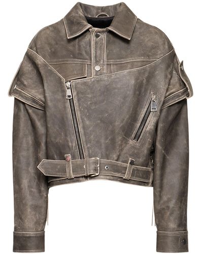 Manokhi Oversize Vintage Leather Jacket - Grey