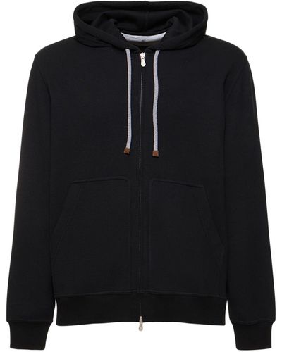 Brunello Cucinelli Sweat zippé en coton mélangé à capuche - Noir