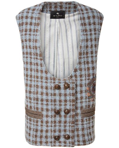 Etro Madras Checked Wool Blend Vest - Gray