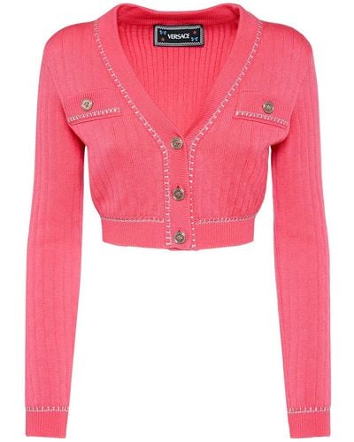 Versace Rib Knit V-Neck Cropped Wool Cardigan - Pink
