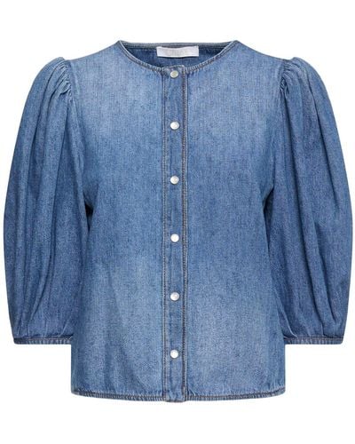 Chloé Kurzärmliges Hemd Aus Baumwolle Und Leinen - Blau
