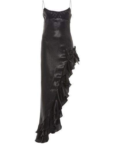 Alessandra Rich Laminated Satin Long Dress W/Side Ruffle - Black