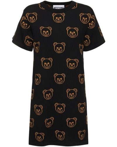 Moschino Hemdkleid Aus Wolljacquard Mit Teddy-logo - Schwarz