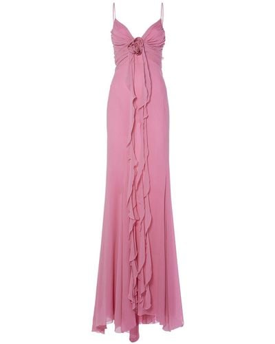 Blumarine Ruffled Silk Long Dress W/Rose - Pink