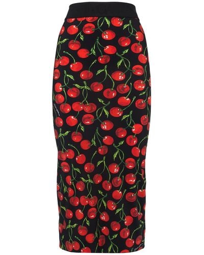 Dolce & Gabbana Technical Jersey Calf-Length Skirt With Elasticated Band With Logo And Cherry Print - Red