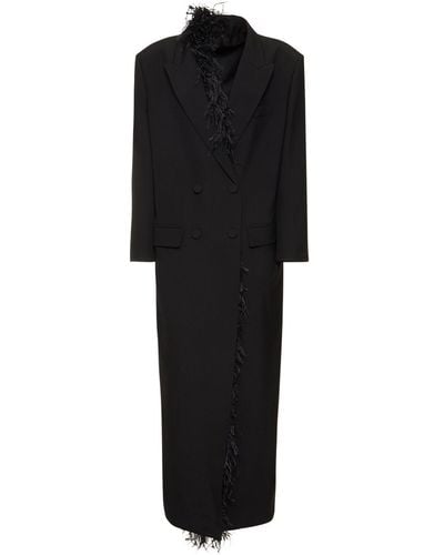 Valentino Double Breast Wool Coat W/feathers - Black