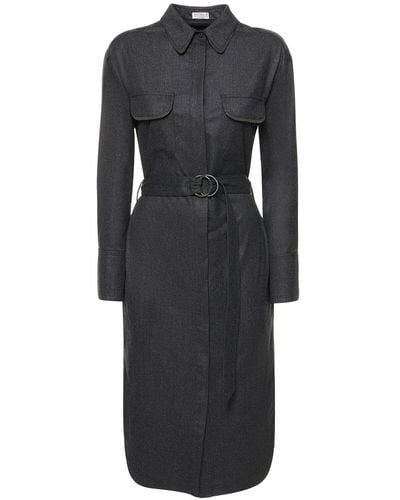 Brunello Cucinelli Belted Wool Flannel Midi Shirt Dress - Black