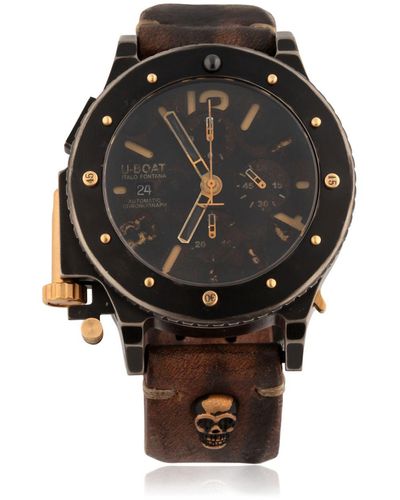 U-Boat Skull-Embossed Leather Watch - Brown