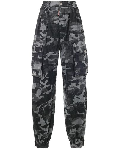 DSquared² Camouflage Printed Wide Leg Cargo Trousers - Grey
