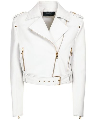 Balmain Cropped Leather Biker Jacket - White