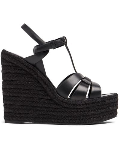 Saint Laurent Sandalias Espadrillas De Piel Con Cuña 120mm - Negro