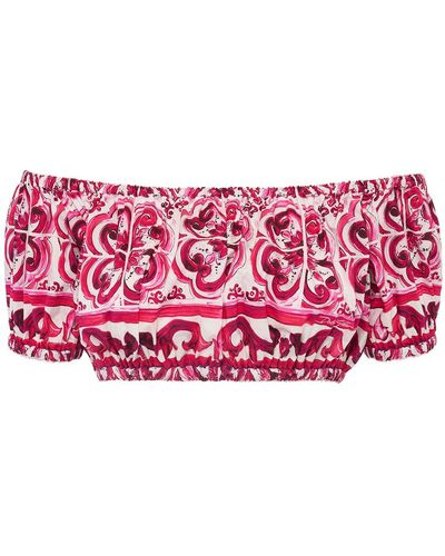 Dolce & Gabbana Maiolica Print Cotton Poplin Crop Top - Pink