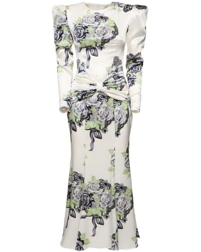 Alessandra Rich Rose Print Silk Satin Dress W/ Bow - Gray