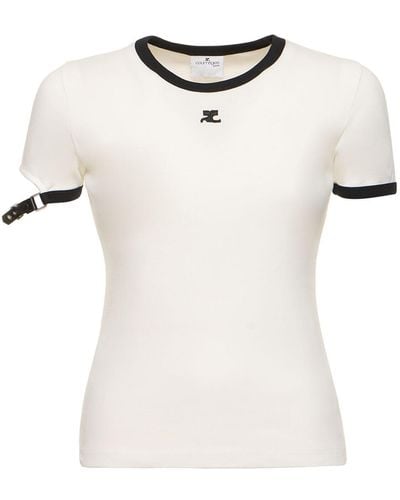 Courreges Buckle Contrast Cotton T-Shirt - White