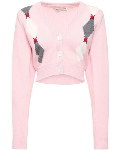 Alessandra Rich Diamond Jacquard Wool Knit Crop Cardigan - Pink