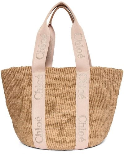 Chloé Woody Large Leather-trimmed Raffia Tote - Brown