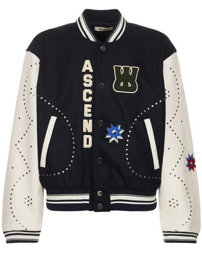 Wales Bonner Ascend Leather And Wool Varsity Jacket - Blue