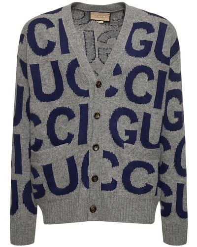 Gucci Strickjacke Aus Weicher Wolle Mit Gg-logo - Blau