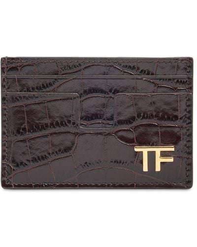 Tom Ford Shiny Croc Embossed Leather Card Holder - Gray