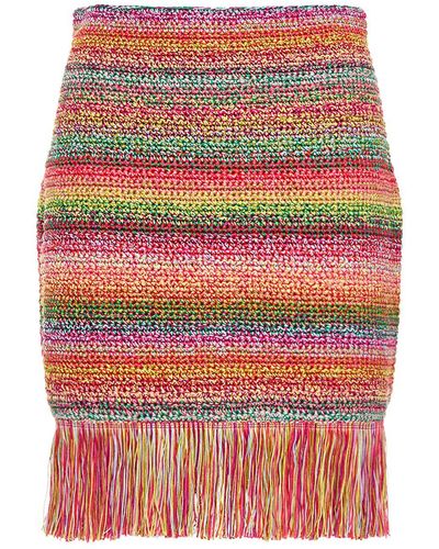 Oscar de la Renta Cotton Crochet Knit Mini Skirt W/Fringes - Red