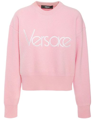 Versace Logo Rib Knit Crewneck Sweater - Pink