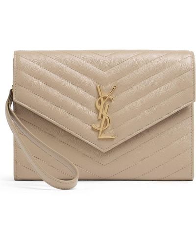 Saint Laurent Monogram Quilted Leather Clutch - Natural