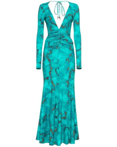 Roberto Cavalli Printed Jersey V Neck Long Dress - Blue