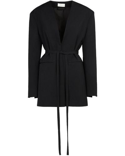 The Row Clio Belted Collarless Wool Serge Jacket - Black