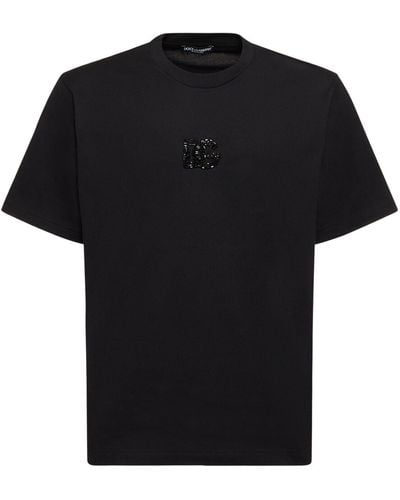 Dolce & Gabbana Cotton T-Shirt With Rhinestone-Detailed Dg Patch - Black
