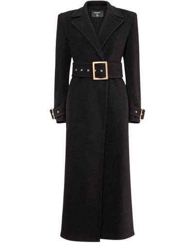 Balmain Wool Belted Longline Coat - Black