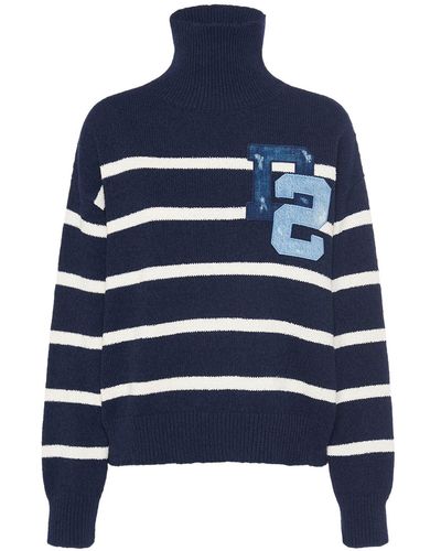 DSquared² Striped Cotton Bouclé Turtleneck Sweater - Blue