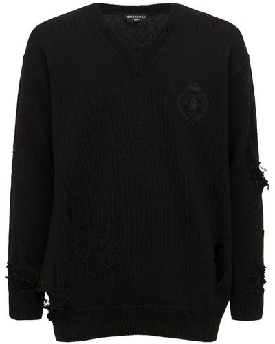 Balenciaga Suéter De Lana Desgastada Con Logo - Negro
