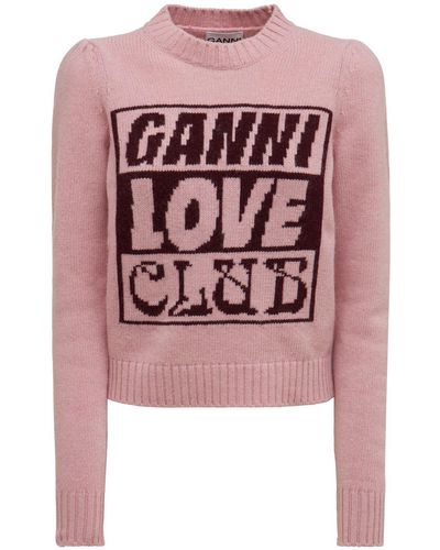 Ganni Lammwollpullover Mit Logo - Pink