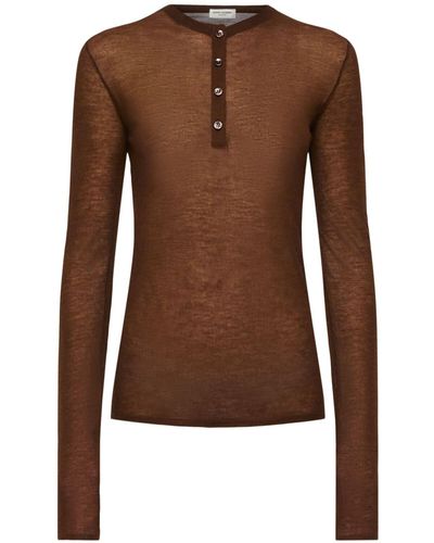Saint Laurent Fine Wool Blend Long Sleeve Top - Brown