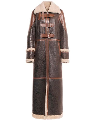 Blumarine Leather Shearling Long Coat W/ Buckles - Brown
