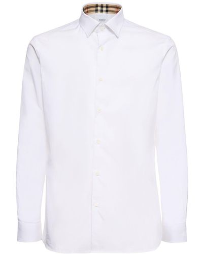 Burberry Camicia a iche lunghe con ricamo tono su tono in cotone stretch - Bianco