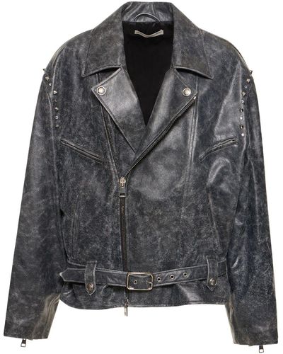 Alessandra Rich Studded Leather Oversize Biker Jacket - Black