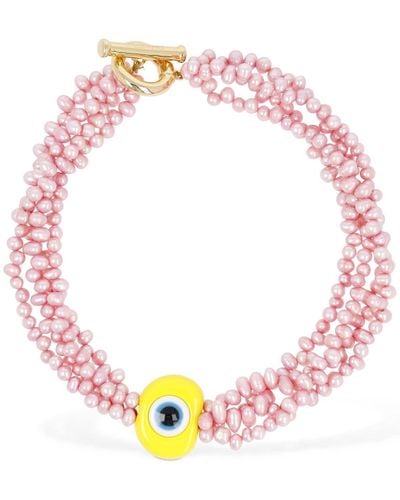 Timeless Pearly Halskette Mit Wickelperlensträngen & Augenanhänger - Pink