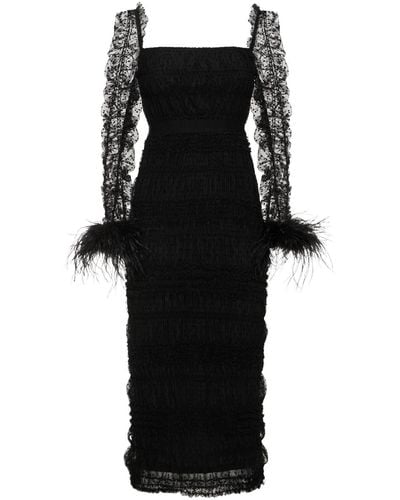 Self-Portrait Swiss Dot Tulle Midi Dress W/ Feathers - Black